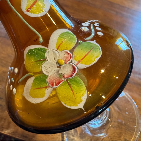 Bohemian Amber Czech Glass Bud Vase 8" Enamel Floral Decoration Hand Painted - Picture 7 of 7